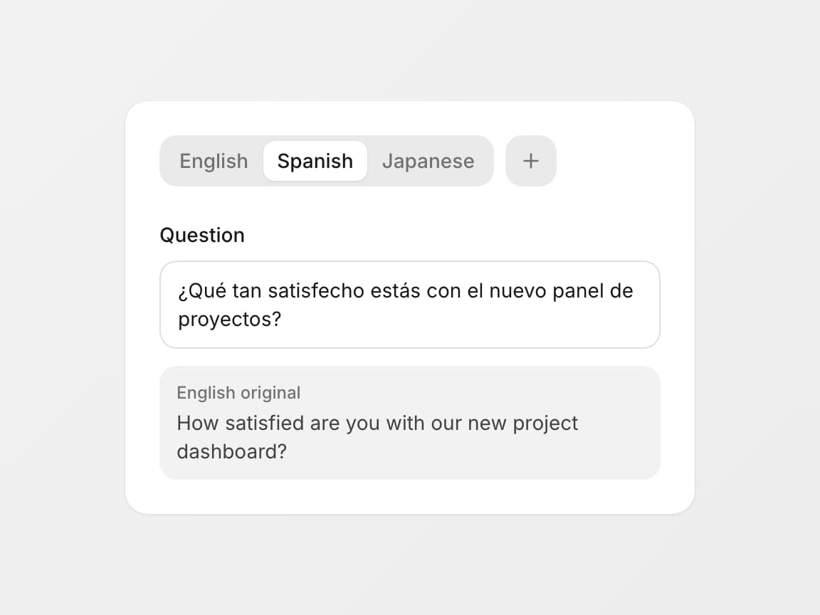 One survey card branching into the same question shown in several languages