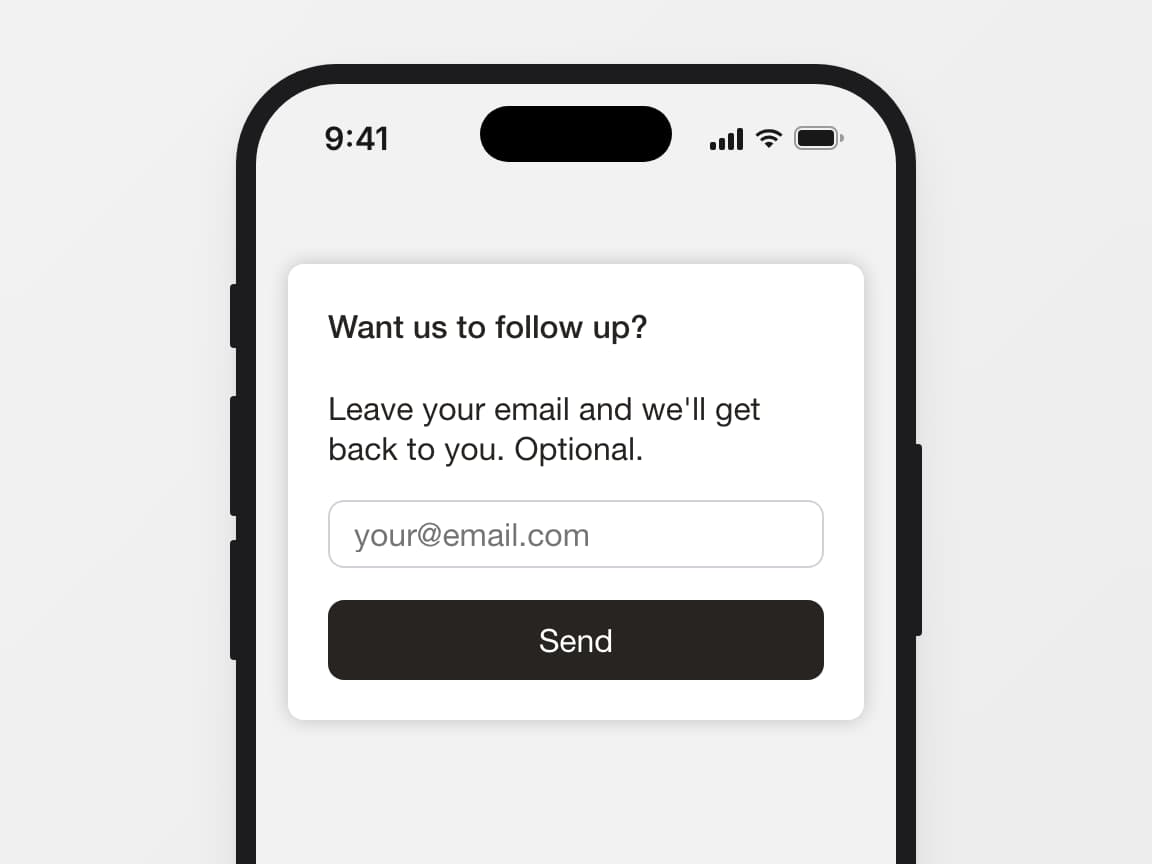 Phone showing the contact step "Want us to follow up?" with an email field and Skip and Send buttons