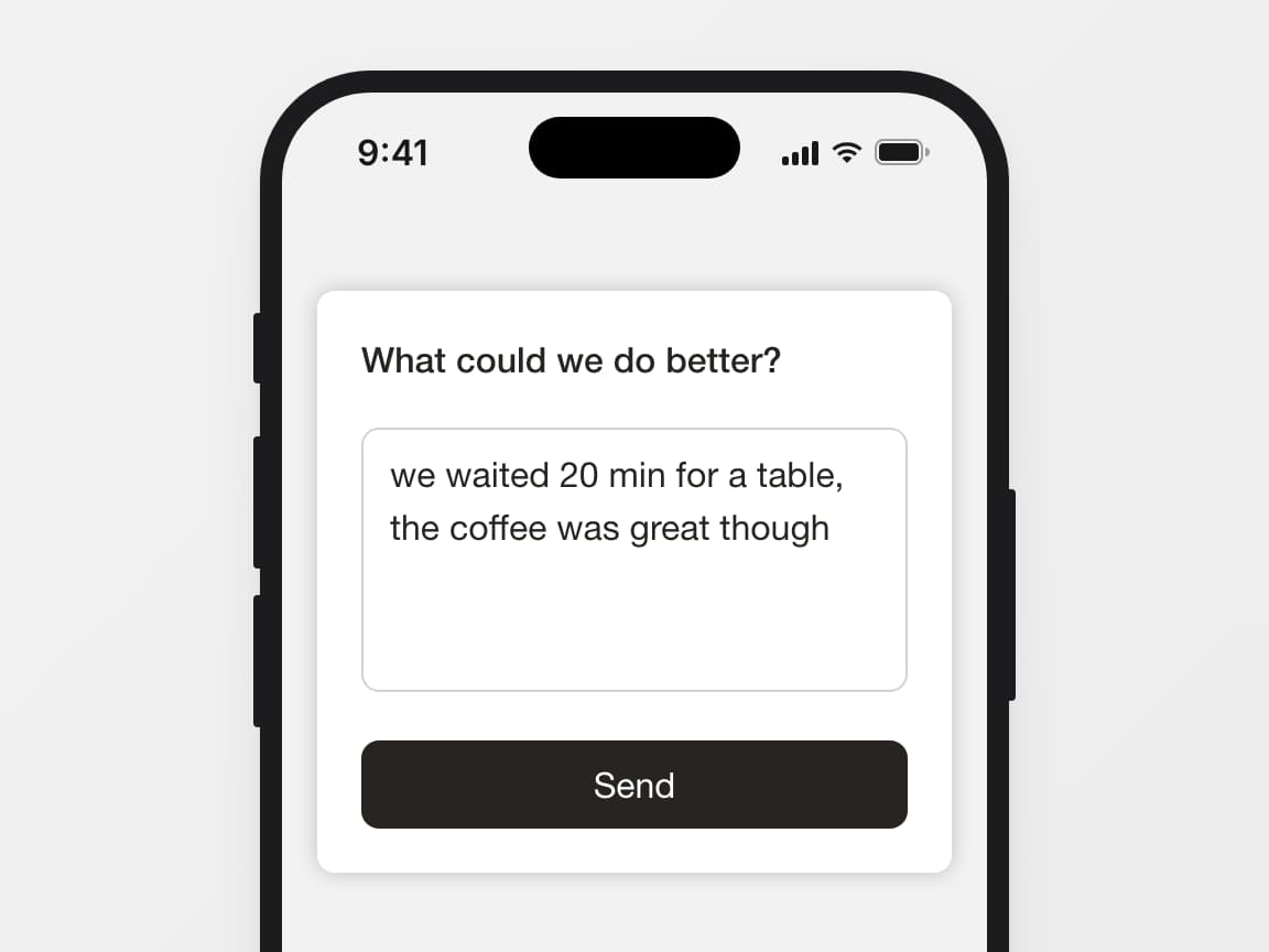 Phone showing the follow-up question of a QR code survey with a text field and Skip and Submit buttons