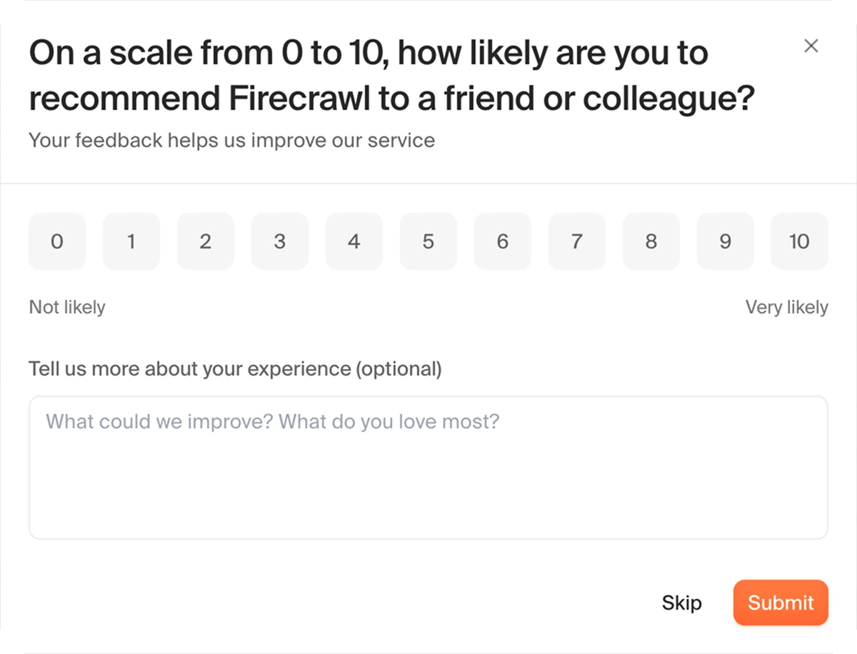 Firecrawl asks how likely you are to recommend it to a friend