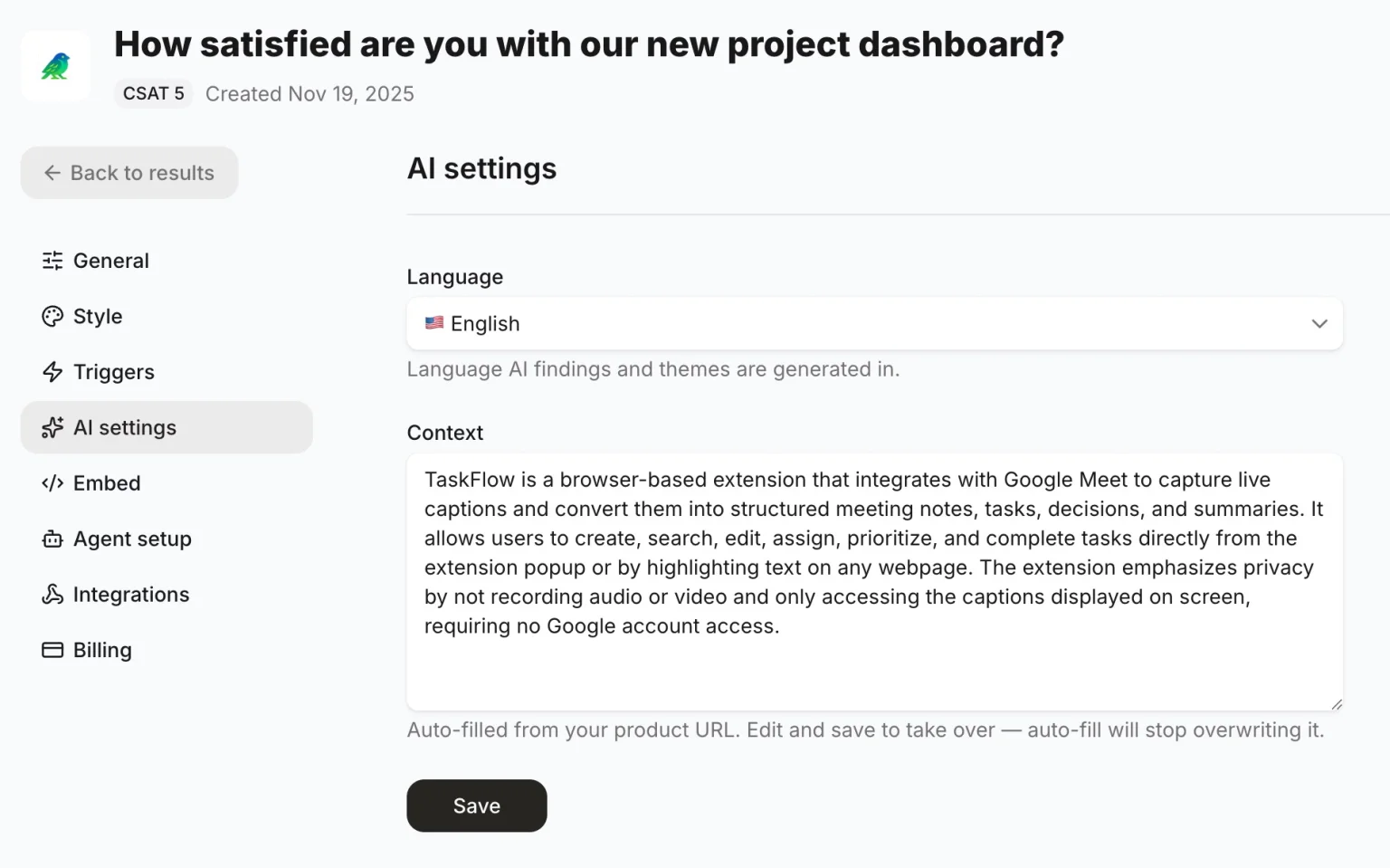 AI settings tab with a language select and a product context field filled in from the product url