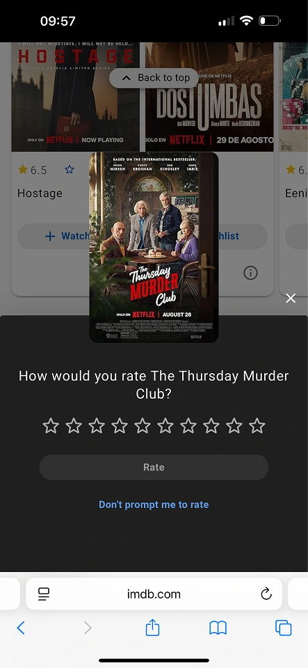 IMDb asking How would you rate The Thursday Murder Club, with a row of ten empty stars and a Rate button